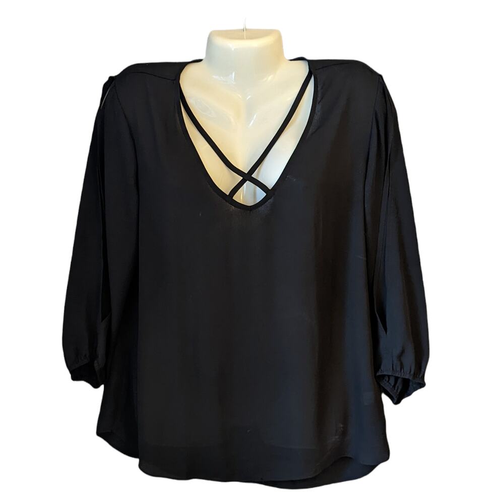 Decree Juniors Black Criss Cross Check 3/4 Arm Slit Sleeve Blouse Top L